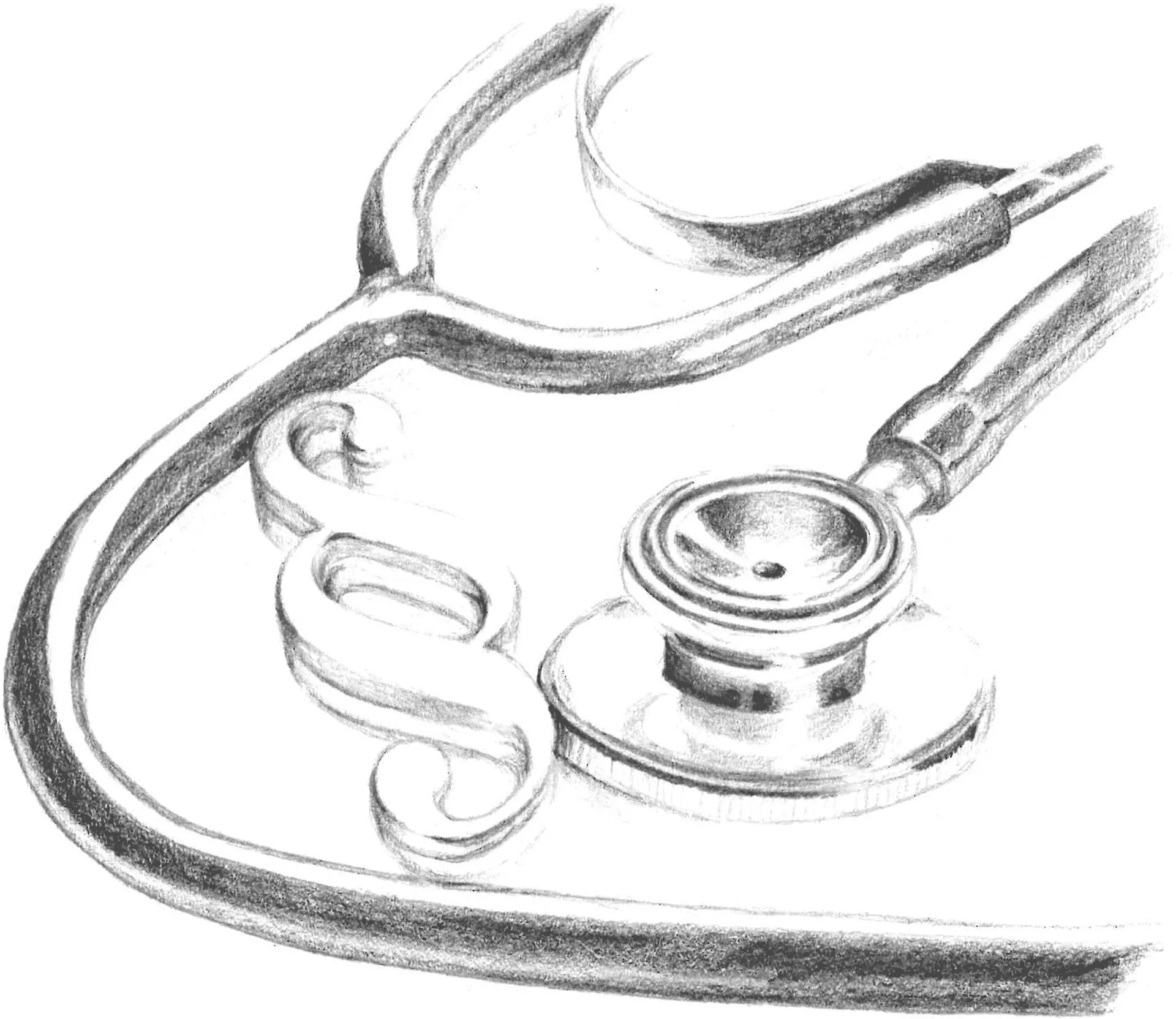 Stethoskop und Paragraphenzeichen in einer Bleistiftskizze, die medizinisches Recht symbolisiert.