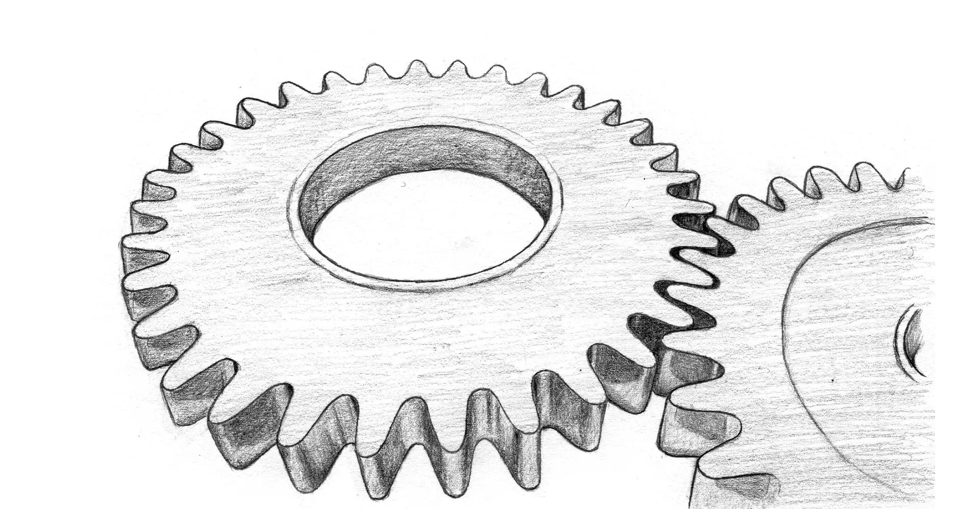 Zwei ineinandergreifende Zahnräder mit gezackten Kanten und einem zentralen Loch, skizzenhaft dargestellt.