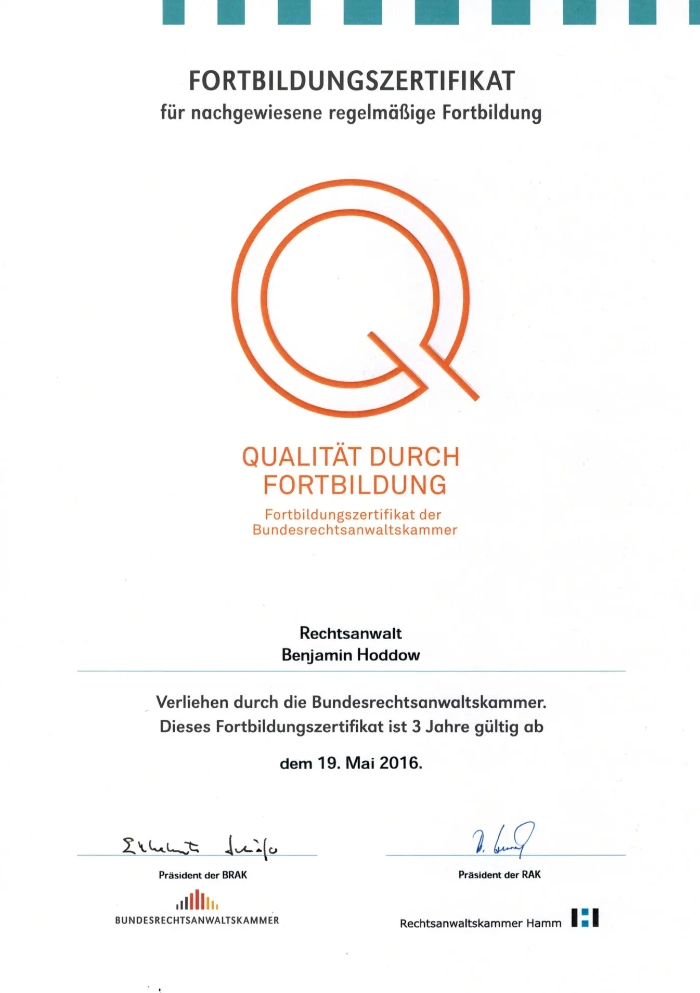 Fortbildungszertifikat für Rechtsanwalt Benjamin Hoddow, ausgestellt von der Bundesrechtsanwaltskammer, gültig bis 2019.