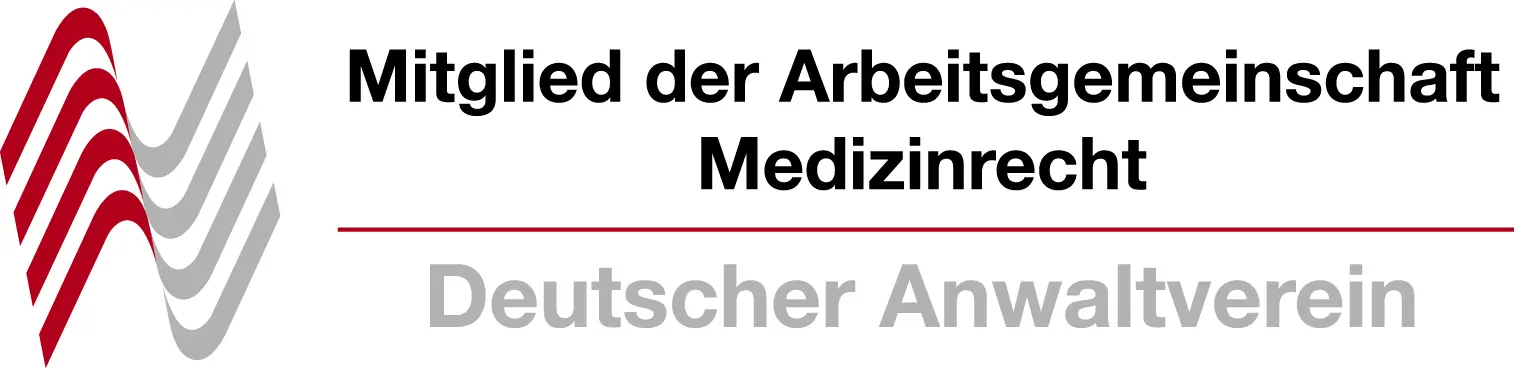 Logo der Arbeitsgemeinschaft Medizinrecht, Mitglied des Deutschen Anwaltvereins, mit rotem und grauem Design.